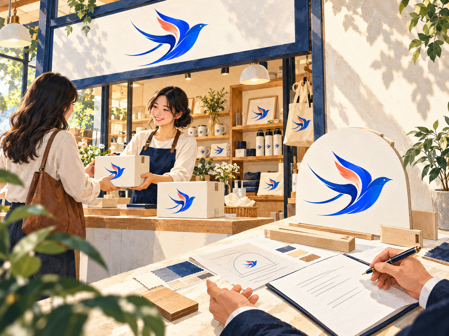 同一个LOGO用于原定店铺的招牌与包装,新的合作场景在画面远处等待合同确认,表现原定用途与新增用途的区别