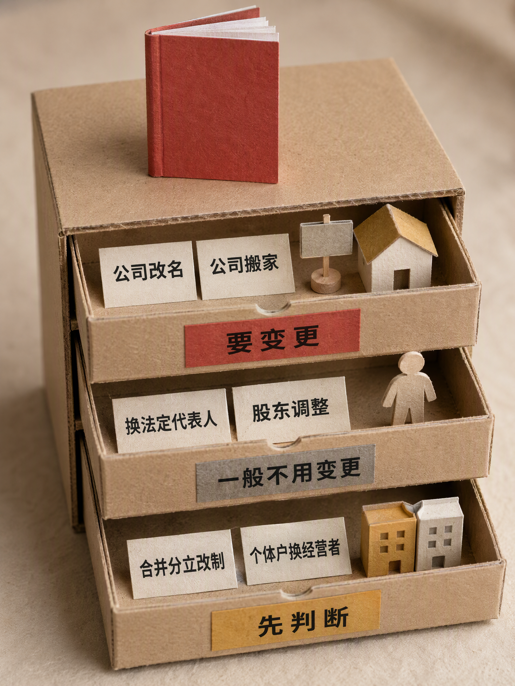 三个抽屉分装公司改名、搬家、换法定代表人、股东调整、合并分立改制、个体户经营者变动等纸条,对应要变更、一般不用变更、先判断三层