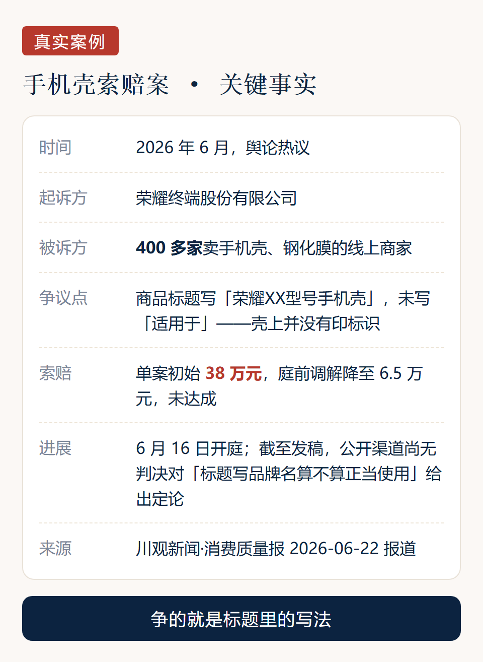 手机壳索赔案关键事实卡
