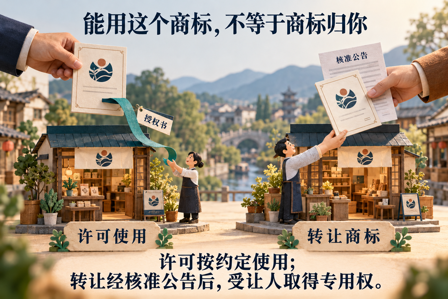 许可场景中原权利人保留权属文件,转让场景中经核准公告后文件交到受让人手中