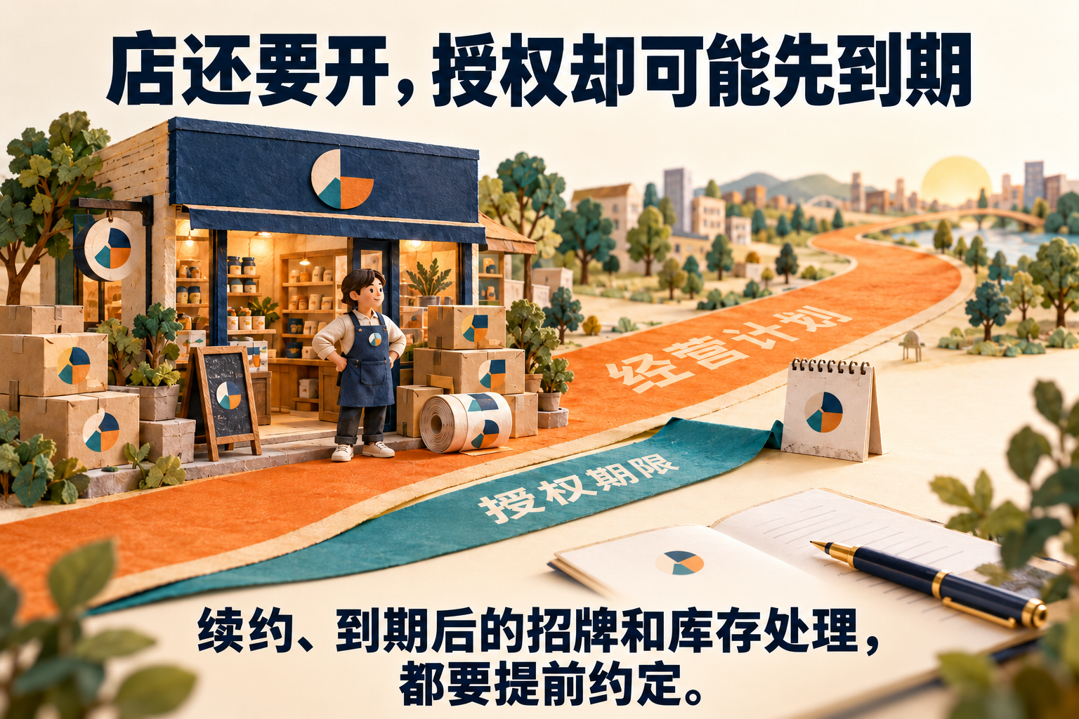经营计划的长路仍向前延伸,旁边的授权期限带已经结束,提示提前约定续约和到期处理