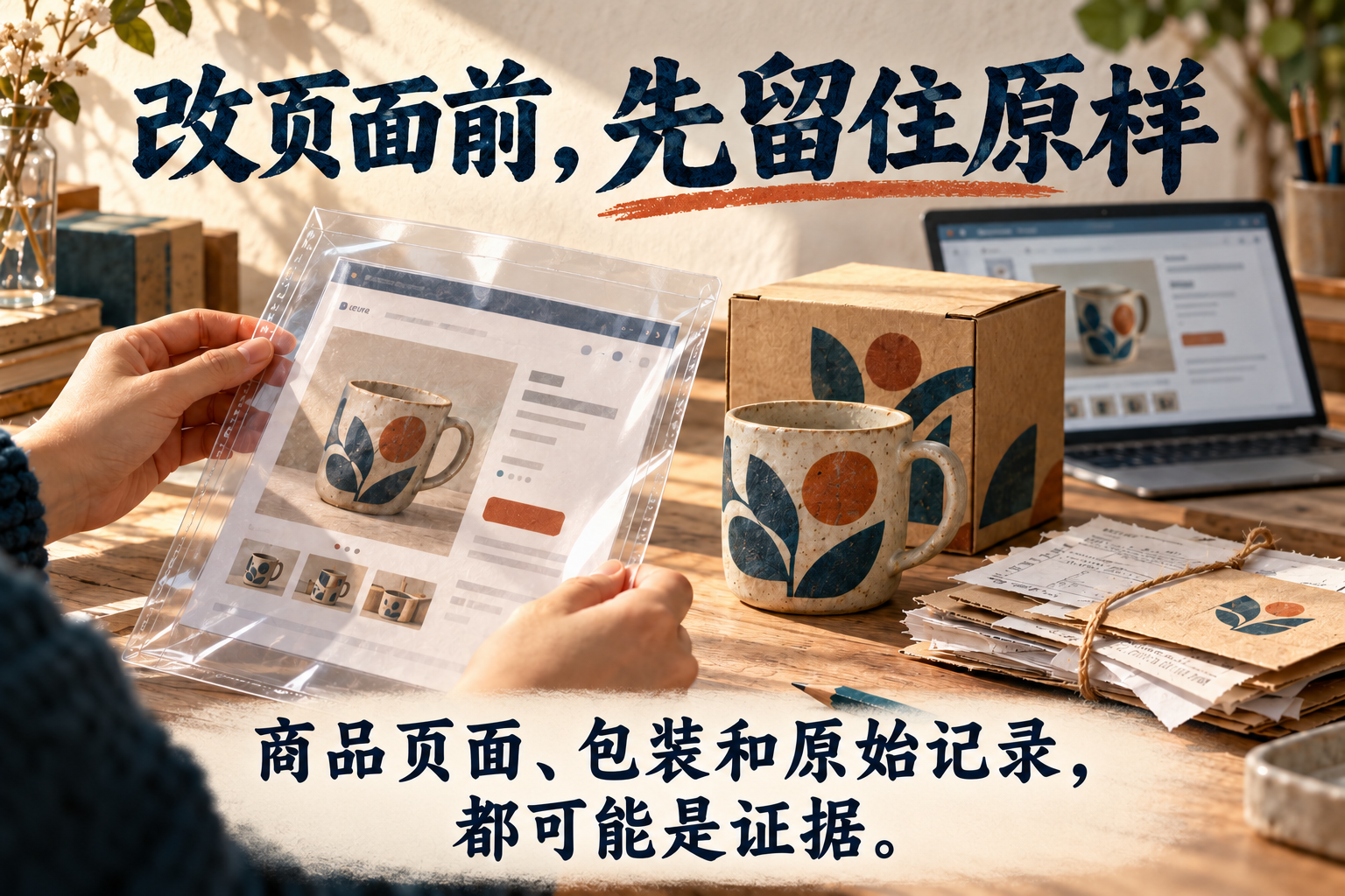 修改商品页面前,用存档袋保留原页面,并留下包装与原始记录