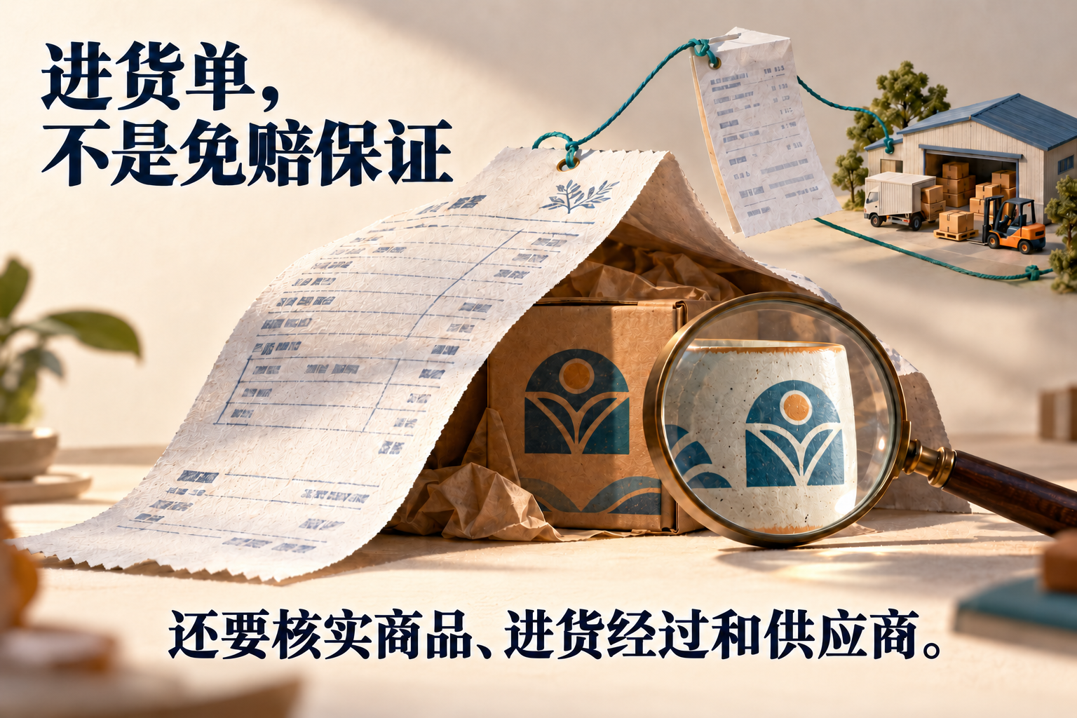 进货凭证形成的纸屋顶没有完全遮住商品,放大镜仍在检查产品标识